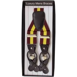 David Van Hagen Regimental Striped Leather End Braces - Maroon/Yellow