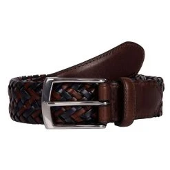 Dents Plaited Leather Belt - Brown/Navy