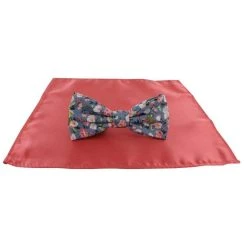 Michelsons Of London Contast Floral Bow Tie And Plain Pocket Square Set - Coral